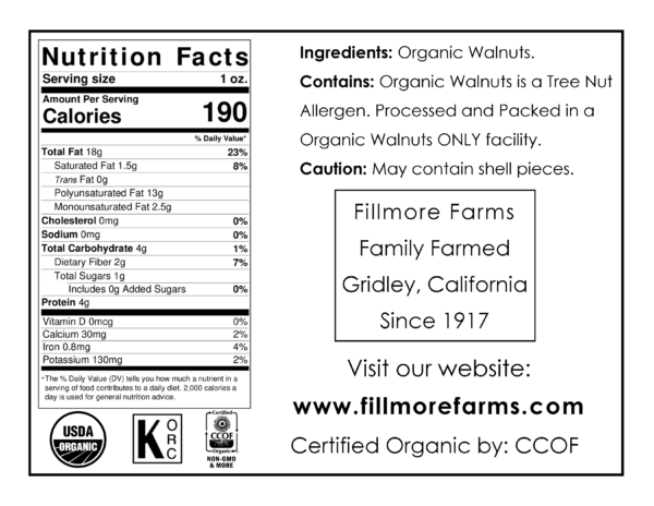 Nutrition Facts Label Raw Shelled Organic Walnuts